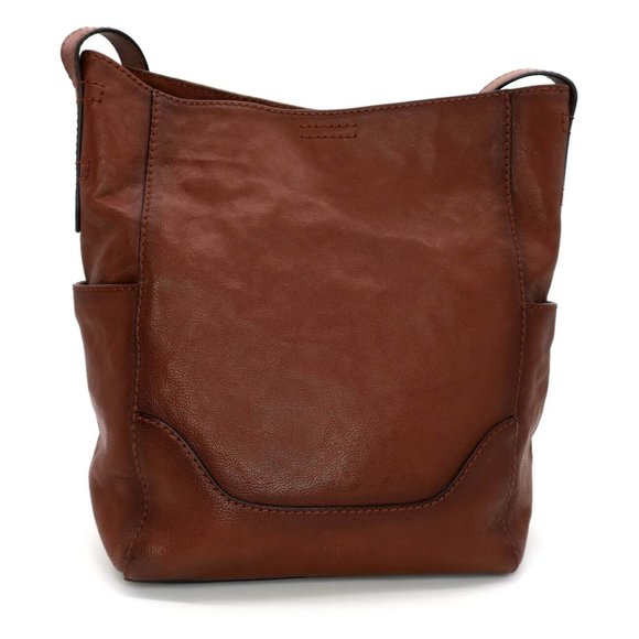 Frye Side Pocket Hobo Bag Shoulder Style DB323 Purse Cognac Brown Leather - Picture 2 of 7